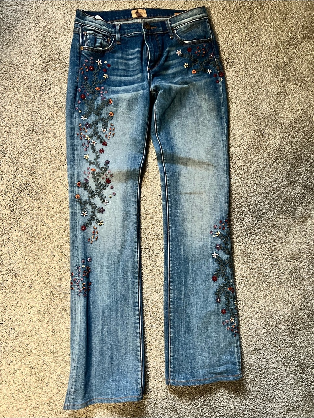 DRIFTWOOD Blue Denim Flare Jeans with Floral Embroidery